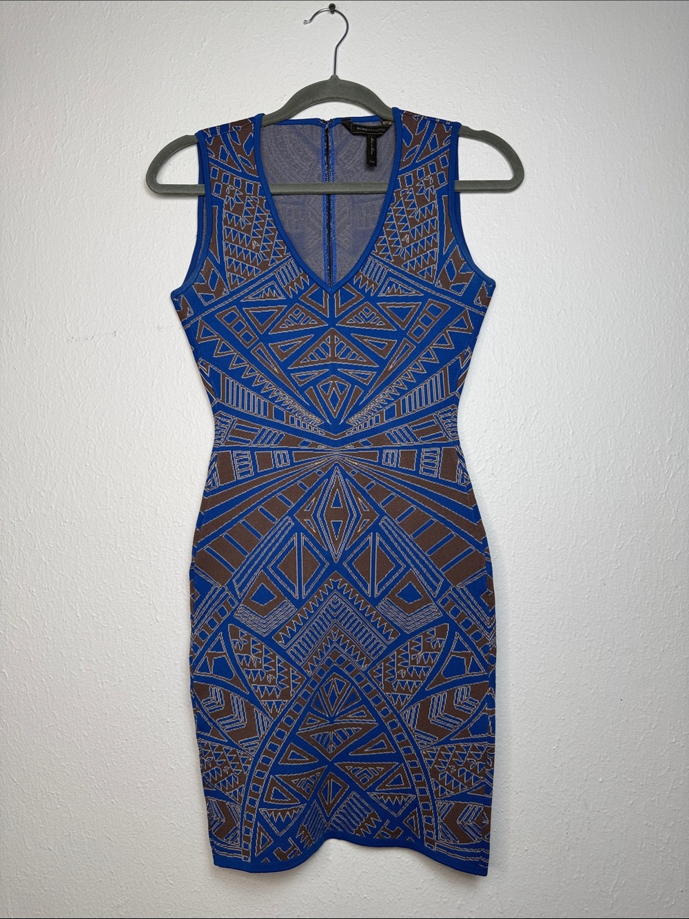 BCBG Sleeveless Blue & Brown Geometric Bodycon Dress